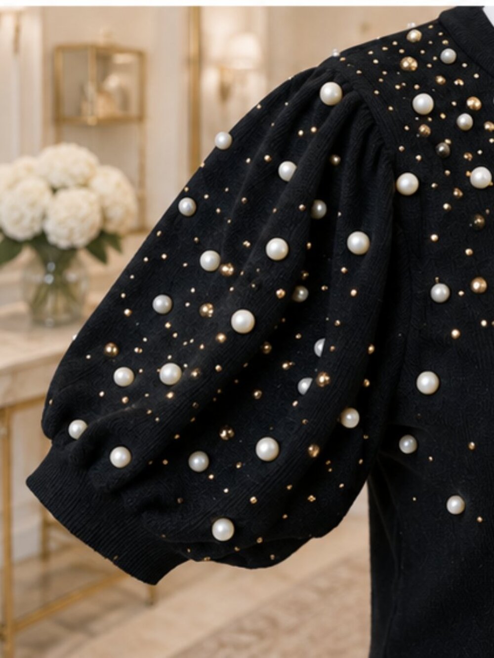 Adrianna Papell Black Pearl-Embellished Puff Sleeve Sweater, size L - Picture 6 of 7
